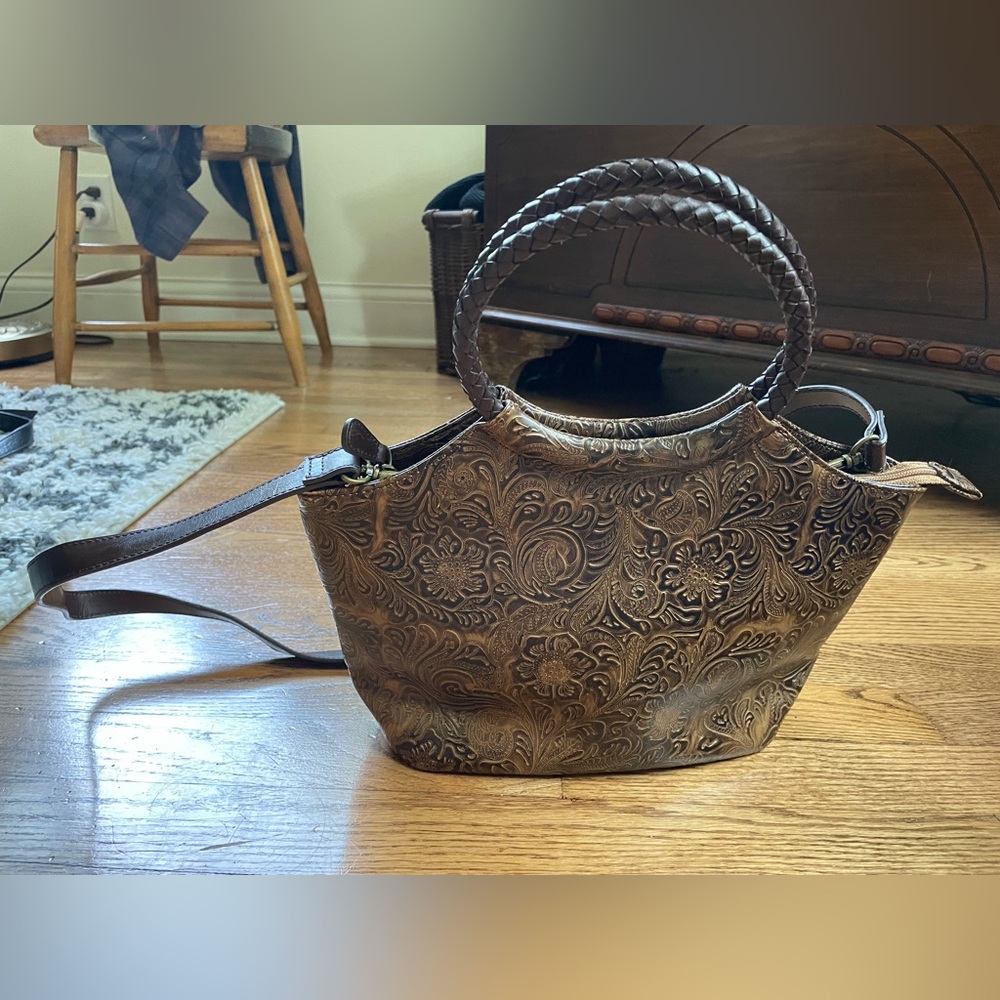 Relic Vegan Leather Brown Shoulder Bag with Embossed Floral Design